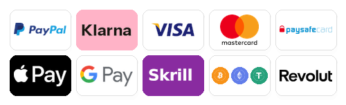 Akzeptierte Bezahlmethoden: PayPal, Klarna, Visa, Mastercard und mehr
